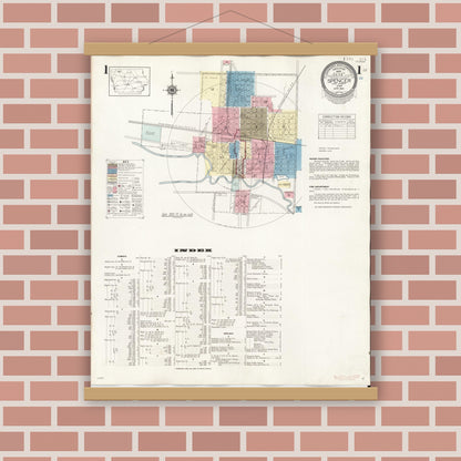 Old map wall art mockup — magnetic wood frame on brick wall — Sanborn Fire Insurance Map from Spencer, Clay County, Iowa (1946) â€” Complete Set