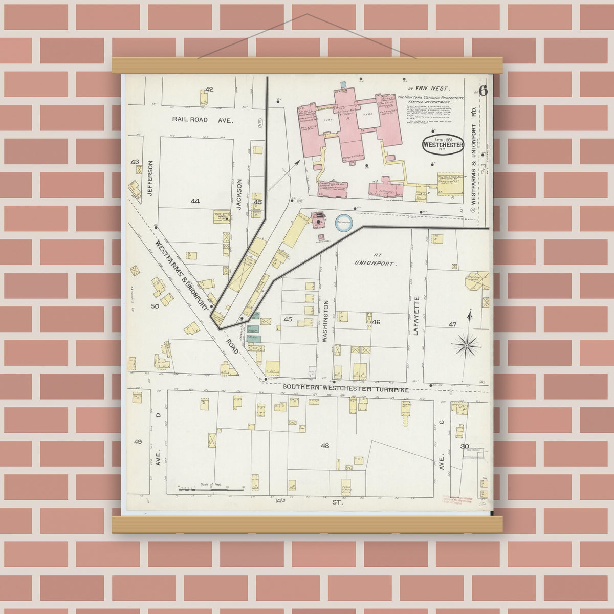Old map wall art mockup — magnetic wood frame on brick wall — Sanborn Fire Insurance Map from Westchester, Westchester County, New York (1893), Sheet #0006