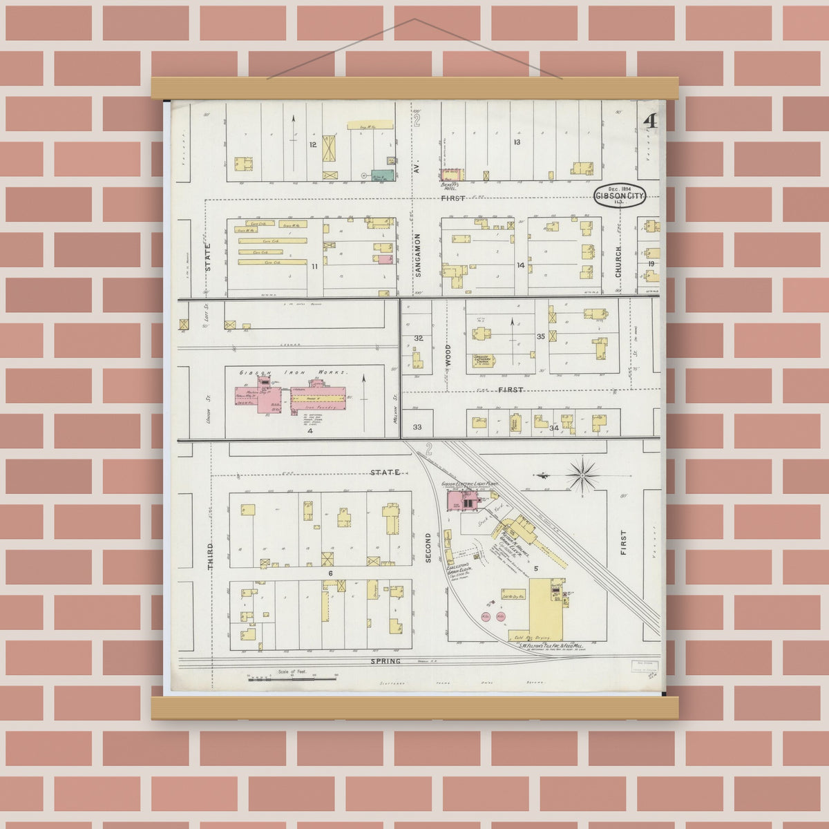 Old map wall art mockup — magnetic wood frame on brick wall — Sanborn Fire Insurance Map from Gibson City, Ford County, Illinois (1894), Sheet #0004