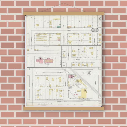 Old map wall art mockup — magnetic wood frame on brick wall — Sanborn Fire Insurance Map from Gibson City, Ford County, Illinois (1894), Sheet #0004