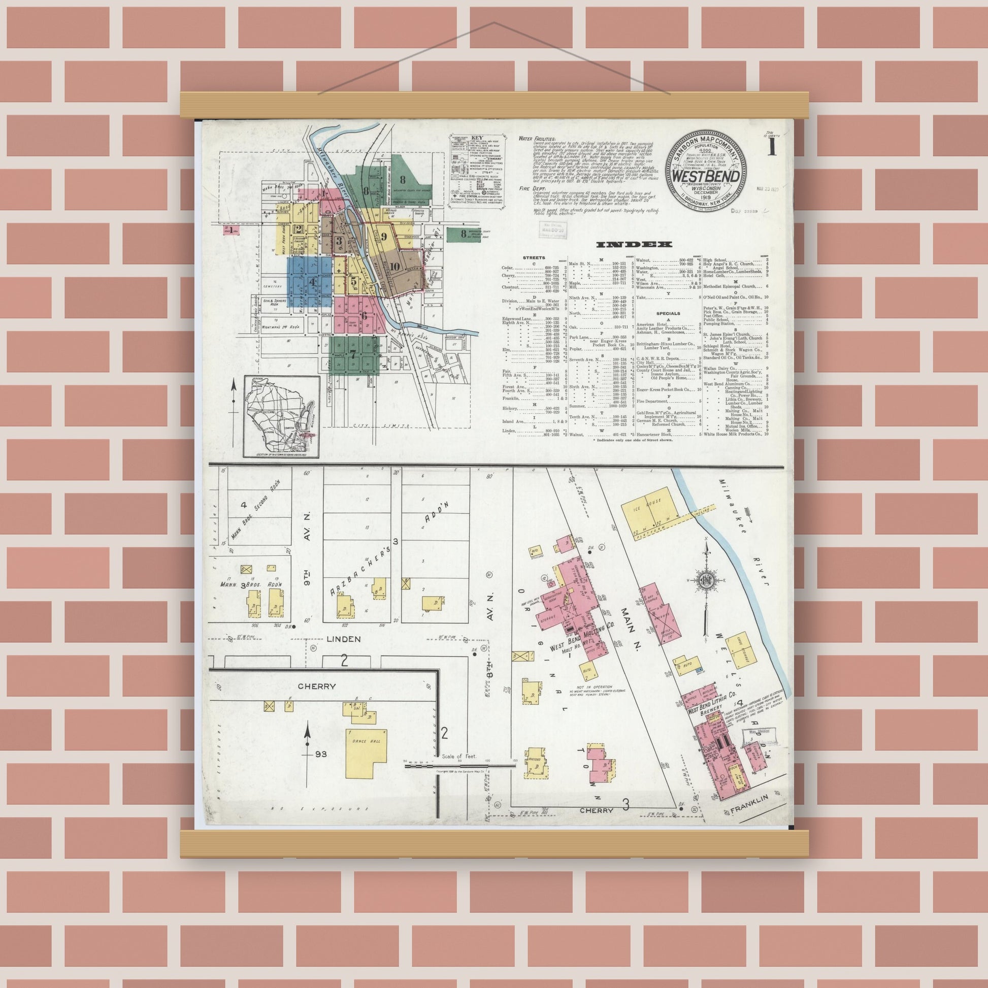 Old map wall art mockup — magnetic wood frame on brick wall — Sanborn Fire Insurance Map from West Bend, Washington County, Wisconsin (1919), Sheet #0001