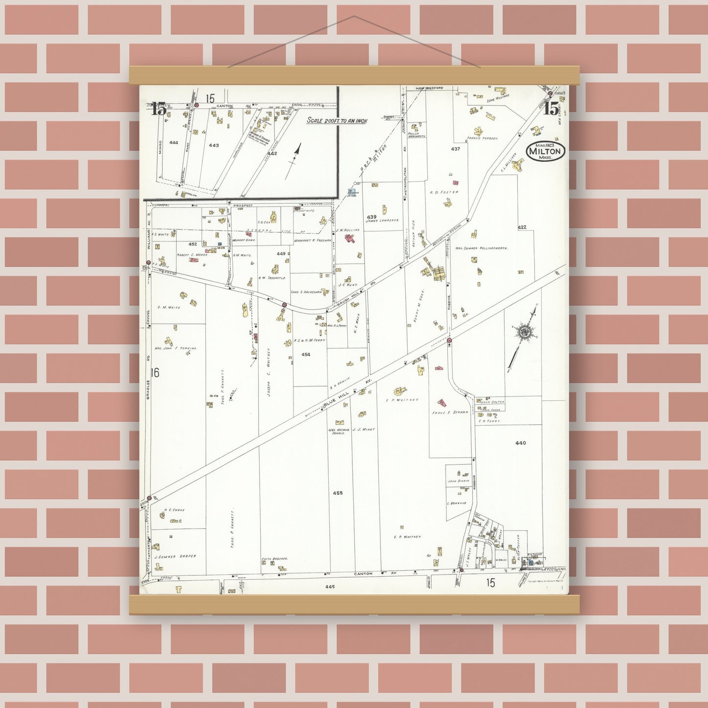 Old map wall art mockup — magnetic wood frame on brick wall — Sanborn Fire Insurance Map from Milton, Norfolk County, Massachusetts (1923), Sheet #0015