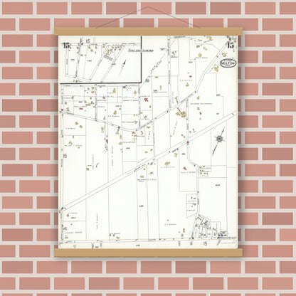 Old map wall art mockup — magnetic wood frame on brick wall — Sanborn Fire Insurance Map from Milton, Norfolk County, Massachusetts (1923), Sheet #0015