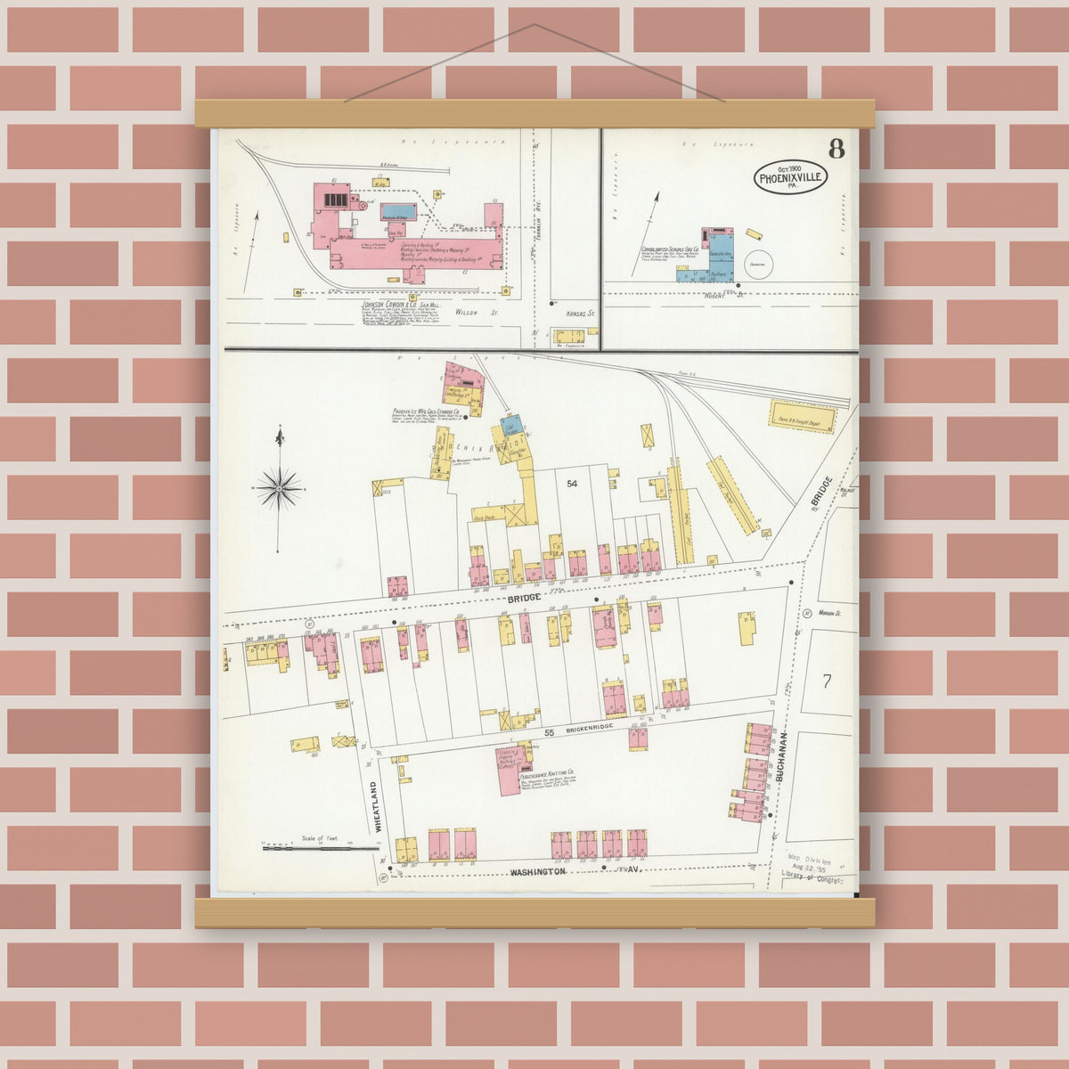 Old map wall art mockup — magnetic wood frame on brick wall — Sanborn Fire Insurance Map from Phoenixville, Chester County, Pennsylvania (1900), Sheet #0008