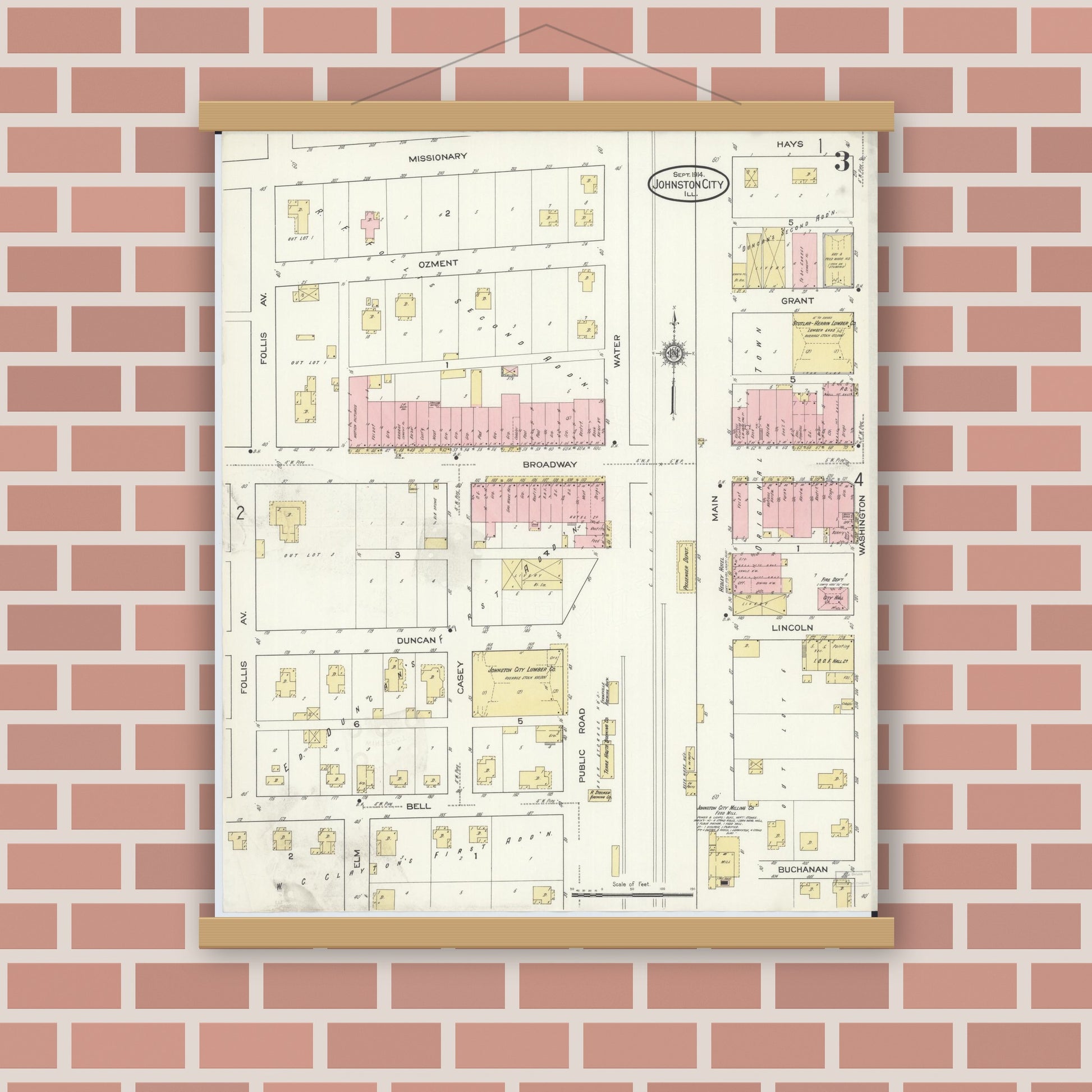 Old map wall art mockup — magnetic wood frame on brick wall — Sanborn Fire Insurance Map from Johnston City, Williamson County, Illinois (1914), Sheet #0003