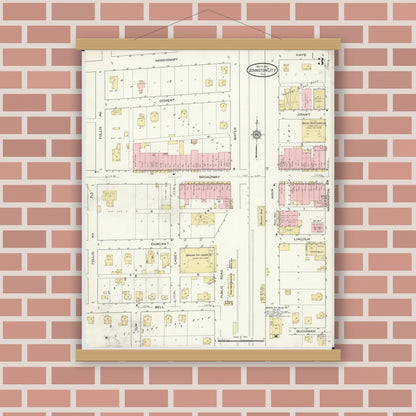 Old map wall art mockup — magnetic wood frame on brick wall — Sanborn Fire Insurance Map from Johnston City, Williamson County, Illinois (1914), Sheet #0003