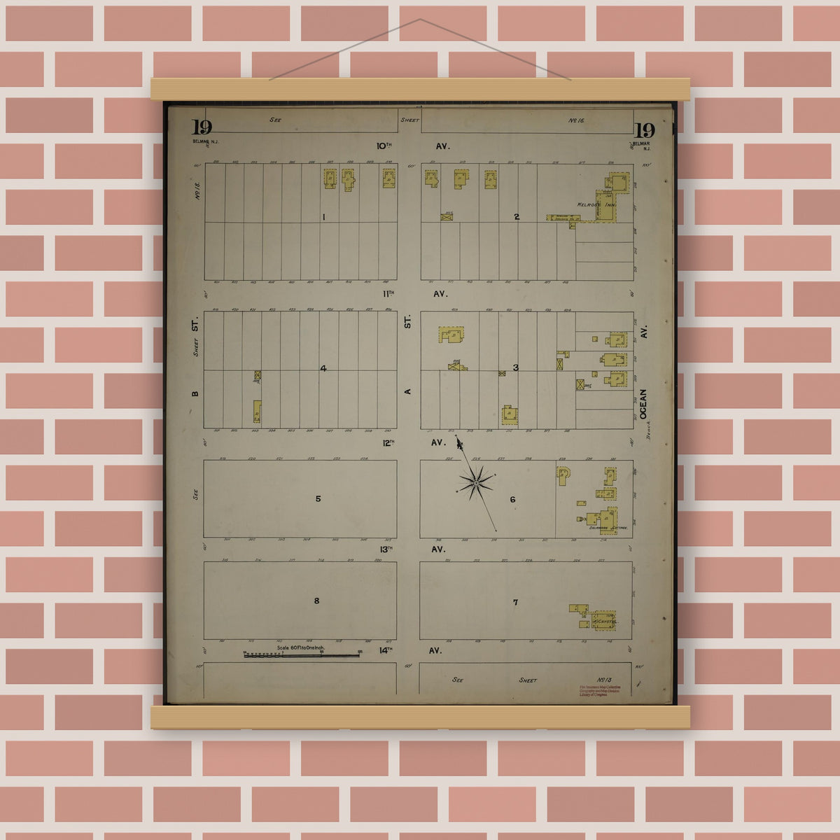 Old map wall art mockup — magnetic wood frame on brick wall — Sanborn Fire Insurance Map from New Jersey Coast, New Jersey Coast, New Jersey (1890), Sheet #0019