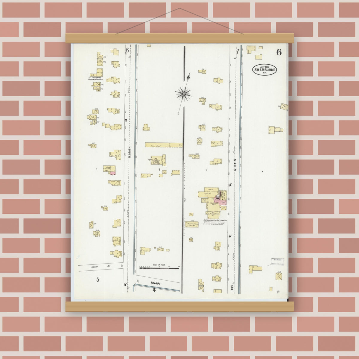 Old map wall art mockup — magnetic wood frame on brick wall — Sanborn Fire Insurance Map from Sherburne, Chenango County, New York (1906), Sheet #0006