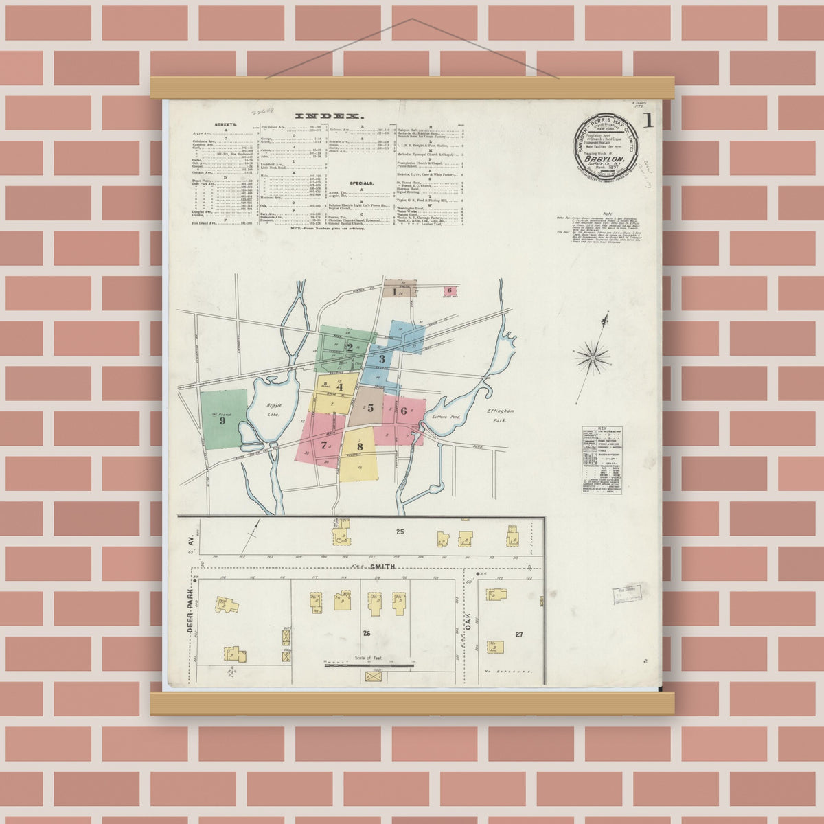 Old map wall art mockup — magnetic wood frame on brick wall — Sanborn Fire Insurance Map from Babylon, Suffolk County, New York (1897), Sheet #0001