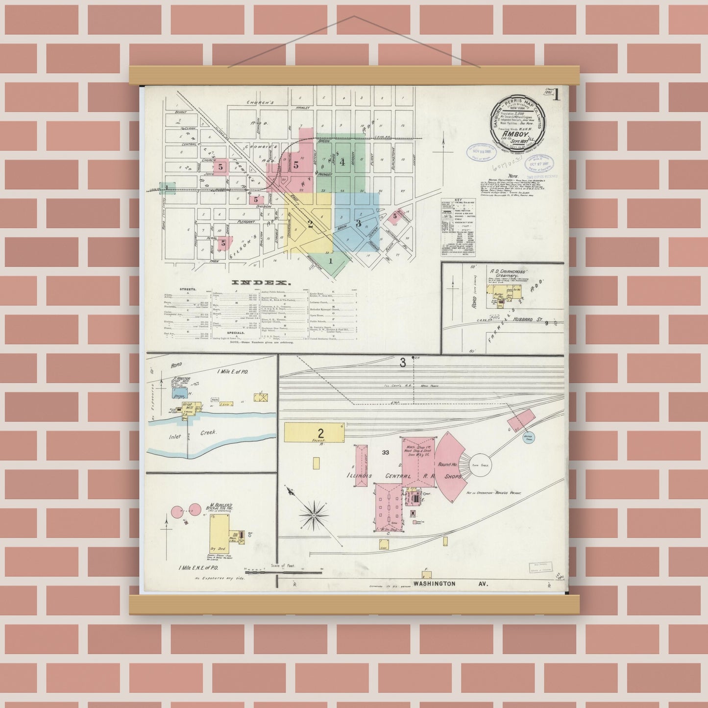 Old map wall art mockup — magnetic wood frame on brick wall — Sanborn Fire Insurance Map from Amboy, Lee County, Illinois (1897), Sheet #0001