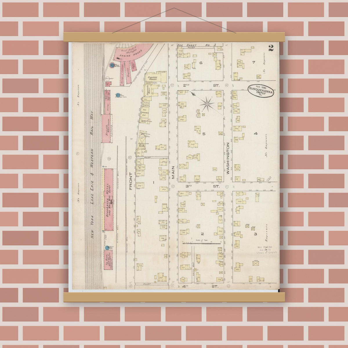 Old map wall art mockup — magnetic wood frame on brick wall — Sanborn Fire Insurance Map from Susquehanna, Susquehanna County, Pennsylvania (1885), Sheet #0002