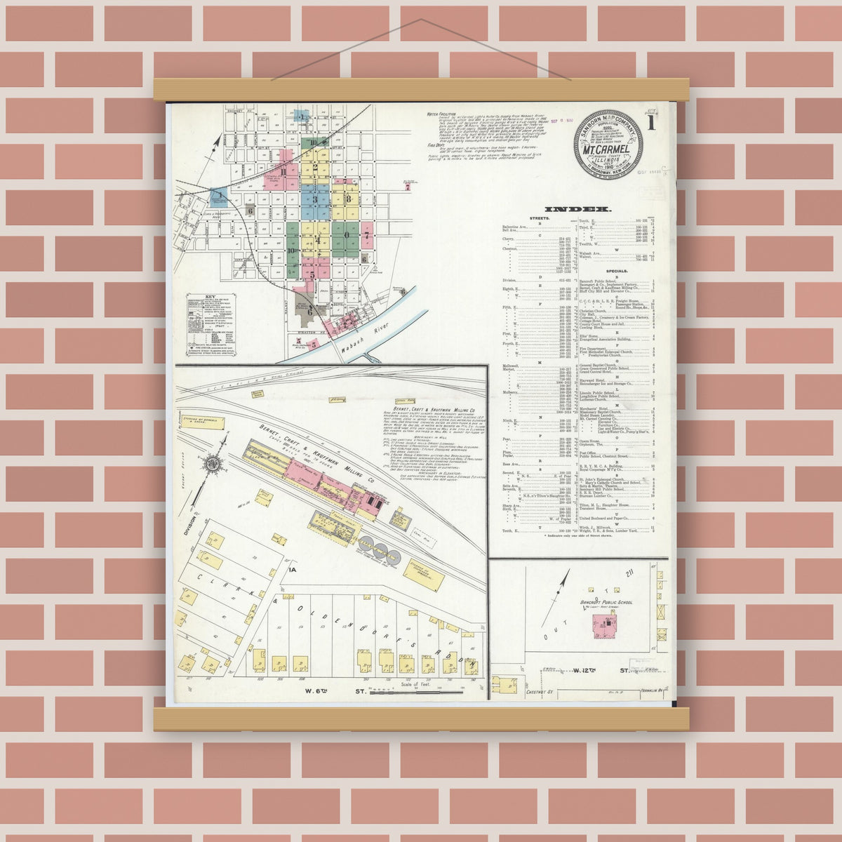 Old map wall art mockup — magnetic wood frame on brick wall — Sanborn Fire Insurance Map from Mount Carmel, Wabash County, Illinois (1910) - Complete Map Set