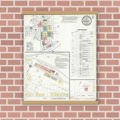 Old map wall art mockup — magnetic wood frame on brick wall — Sanborn Fire Insurance Map from Mount Carmel, Wabash County, Illinois (1910) - Complete Map Set