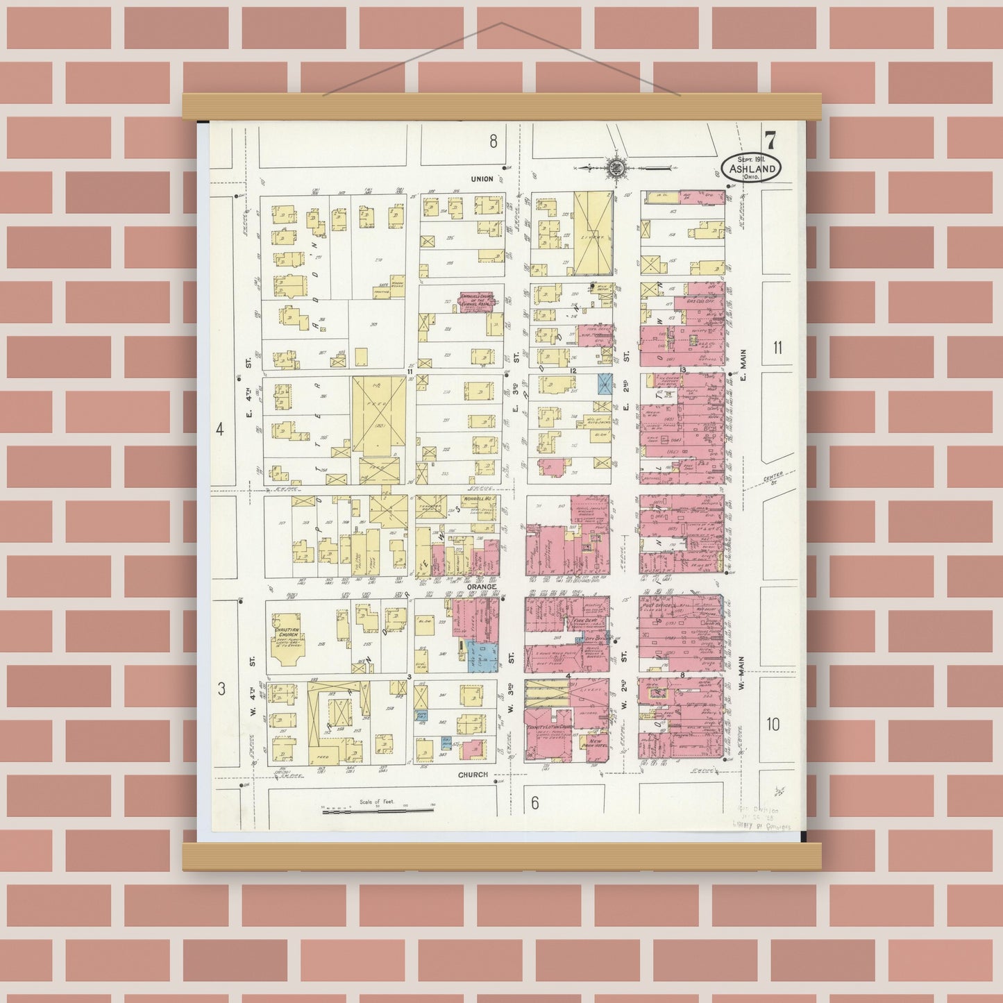 Old map wall art mockup — magnetic wood frame on brick wall — Sanborn Fire Insurance Map from Ashland, Ashland County, Ohio (1911), Sheet #0007