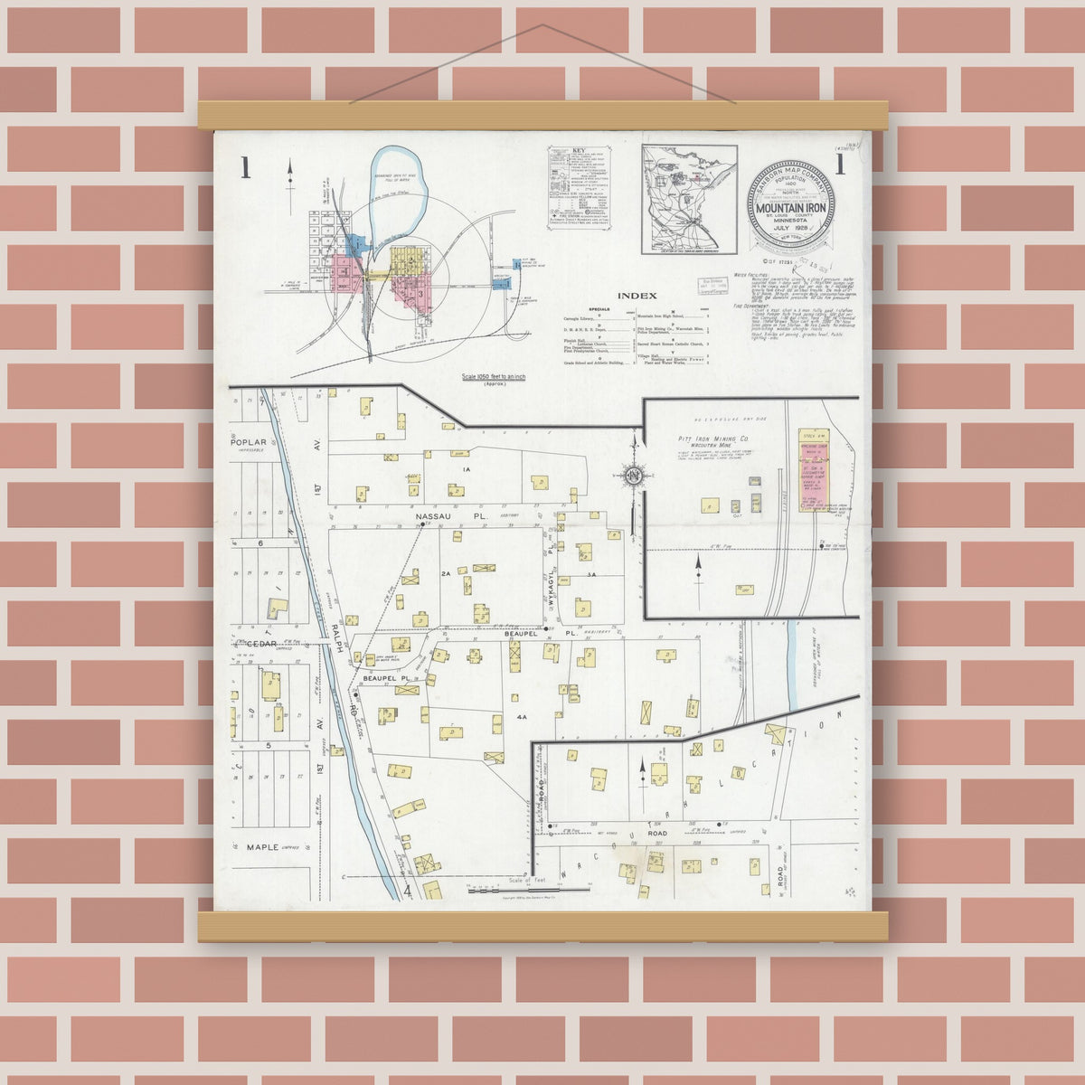 Old map wall art mockup — magnetic wood frame on brick wall — Sanborn Fire Insurance Map from Mountain Iron, Saint Louis County, Minnesota (1928), Sheet #0001