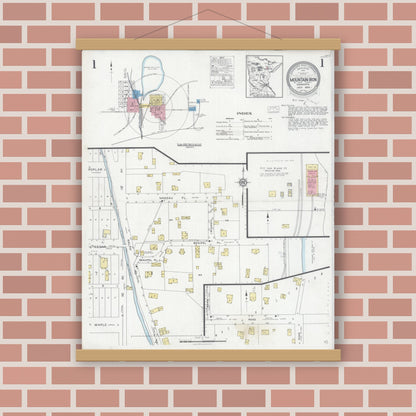 Old map wall art mockup — magnetic wood frame on brick wall — Sanborn Fire Insurance Map from Mountain Iron, Saint Louis County, Minnesota (1928), Sheet #0001
