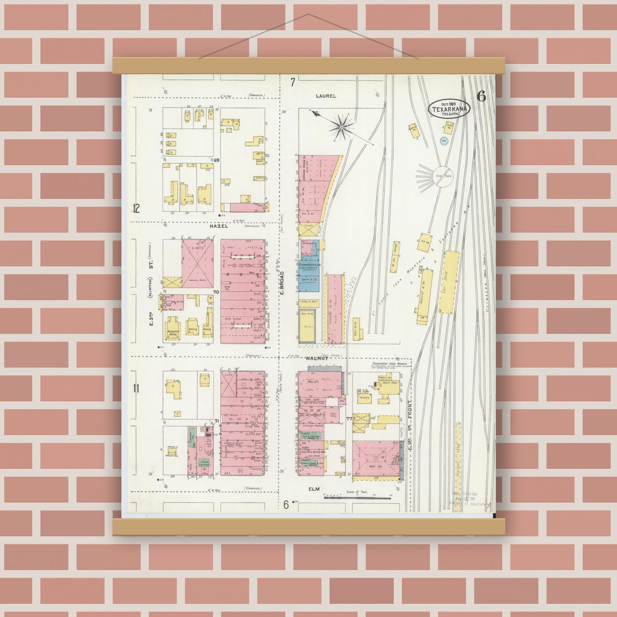 Old map wall art mockup — magnetic wood frame on brick wall — Sanborn Fire Insurance Map from Texarkana, Bowie County, Texas (1905), Sheet #0006