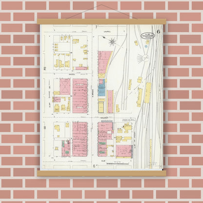 Old map wall art mockup — magnetic wood frame on brick wall — Sanborn Fire Insurance Map from Texarkana, Bowie County, Texas (1905), Sheet #0006