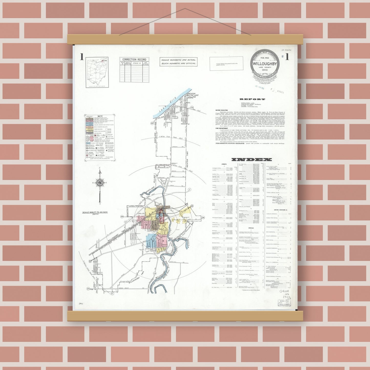 Old map wall art mockup — magnetic wood frame on brick wall — Sanborn Fire Insurance Map from Willoughby, Lake County, Ohio (1952), Sheet #0001