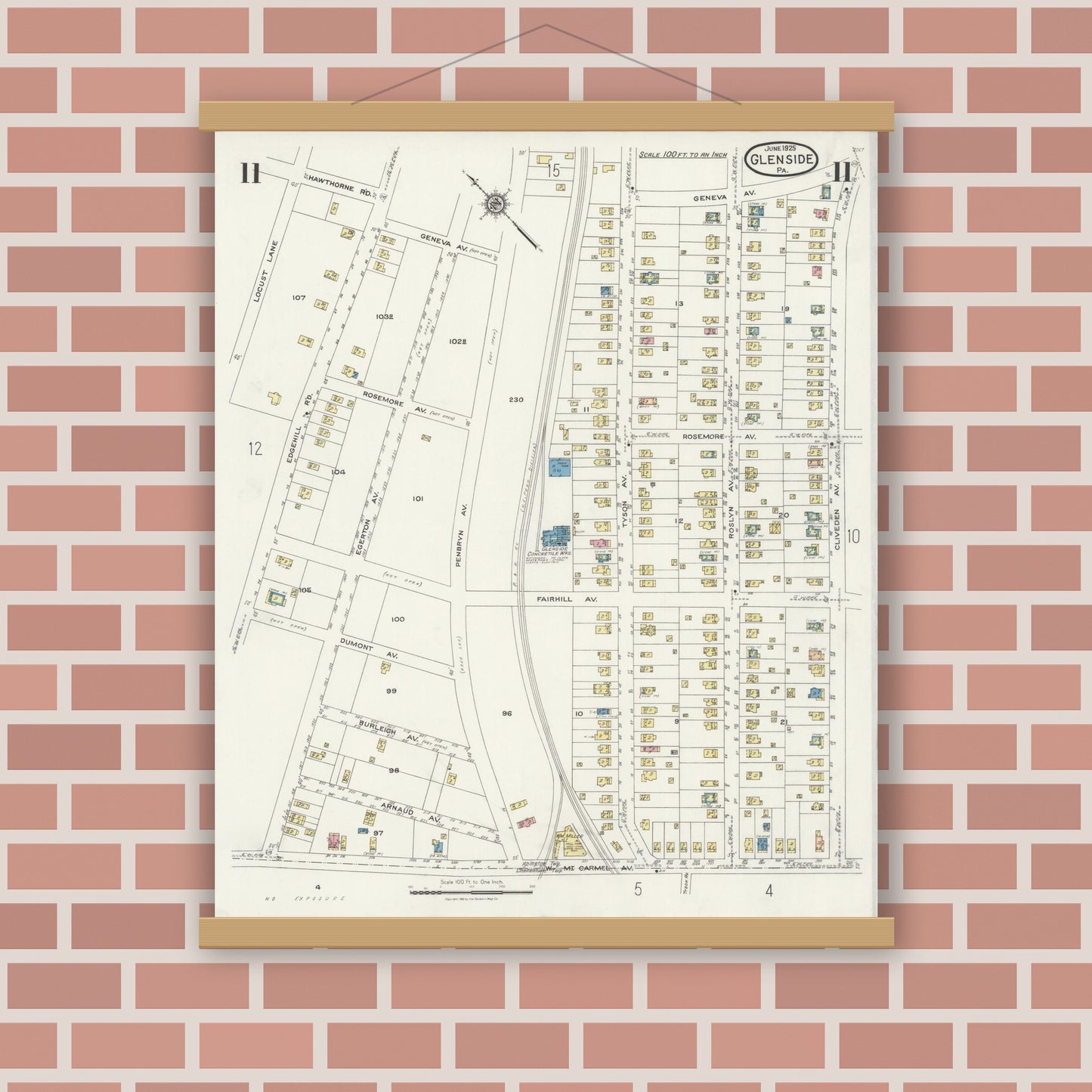 Old map wall art mockup — magnetic wood frame on brick wall — Sanborn Fire Insurance Map from Glenside, Montgomery County, Pennsylvania (1925), Sheet #0011