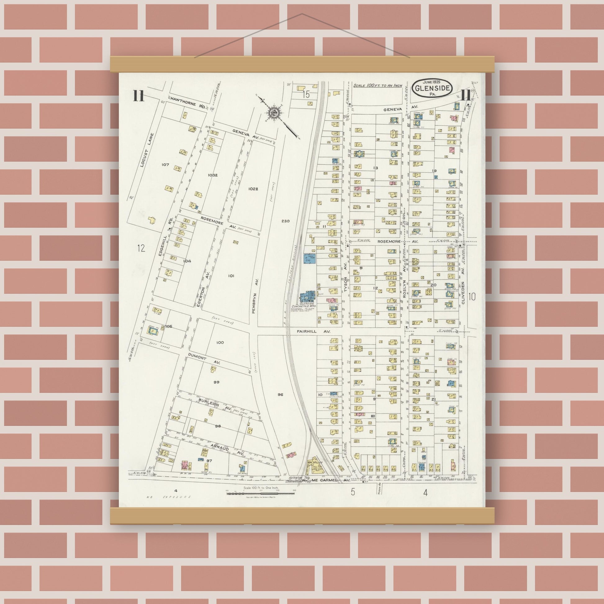 Old map wall art mockup — magnetic wood frame on brick wall — Sanborn Fire Insurance Map from Glenside, Montgomery County, Pennsylvania (1925), Sheet #0011