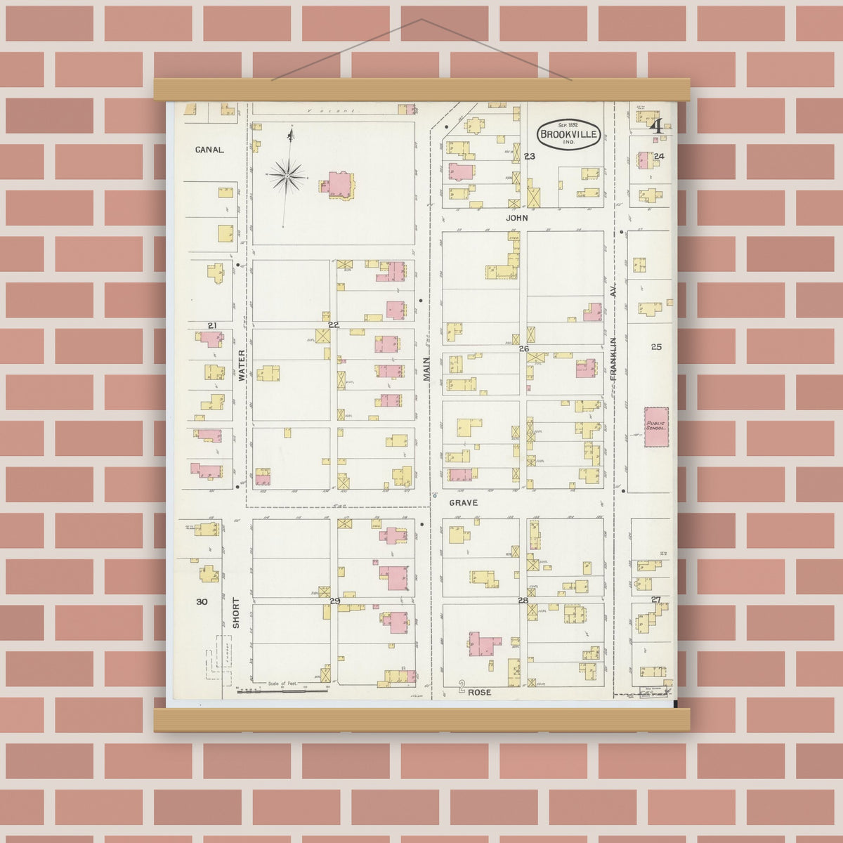 Old map wall art mockup — magnetic wood frame on brick wall — Sanborn Fire Insurance Map from Brookville, Franklin County, Indiana (1892), Sheet #0004