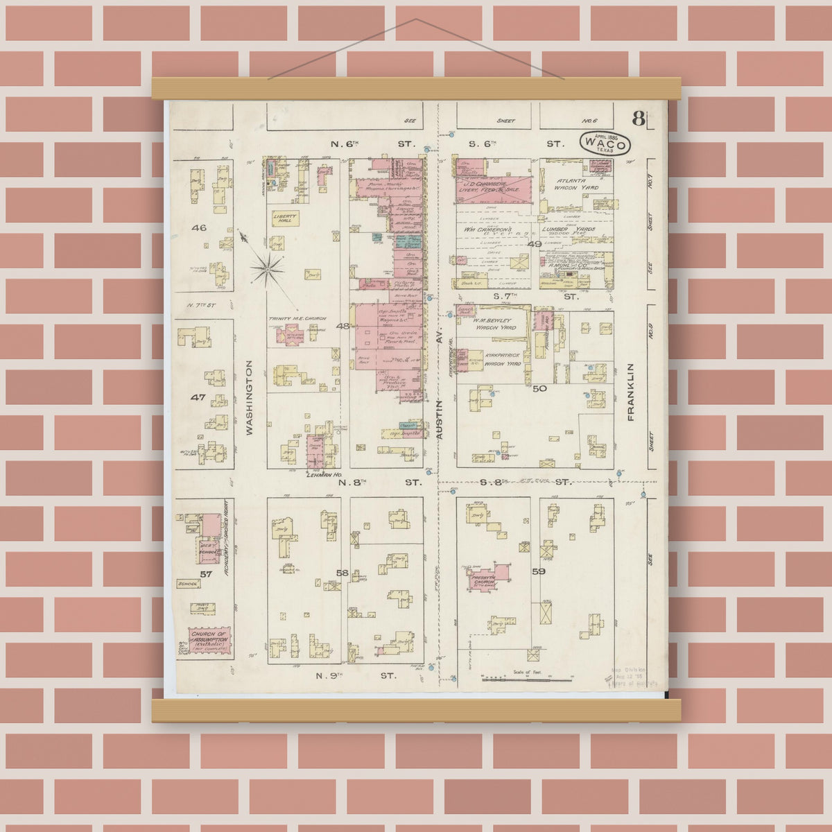 Old map wall art mockup — magnetic wood frame on brick wall — Sanborn Fire Insurance Map from Waco, McLennan County, Texas (1885), Sheet #0008