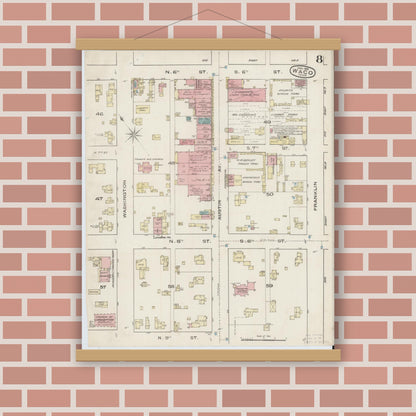 Old map wall art mockup — magnetic wood frame on brick wall — Sanborn Fire Insurance Map from Waco, McLennan County, Texas (1885), Sheet #0008