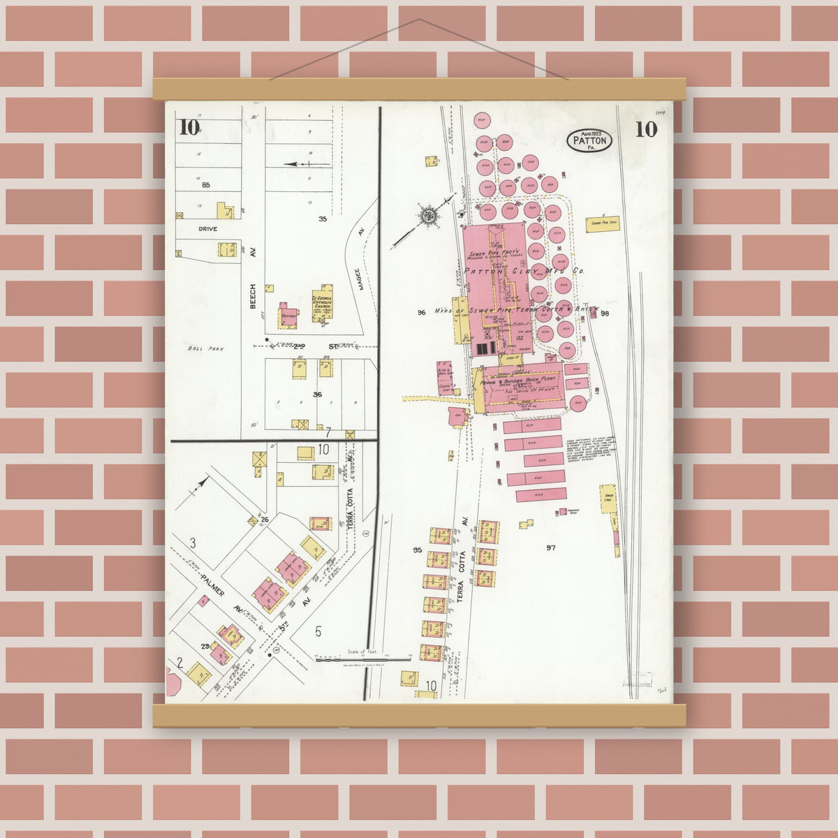Old map wall art mockup — magnetic wood frame on brick wall — Sanborn Fire Insurance Map from Patton, Cambria County, Pennsylvania (1923), Sheet #0010