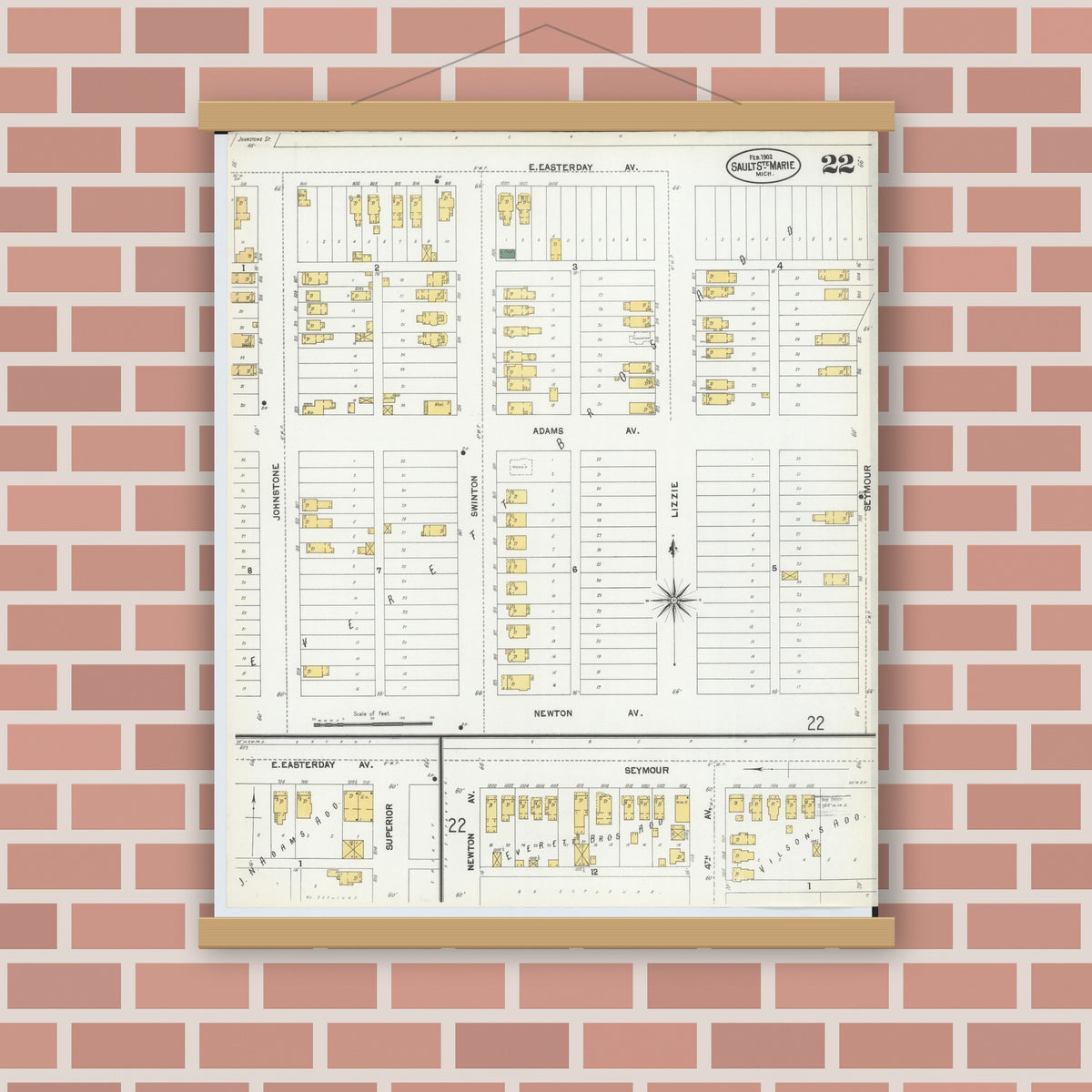 Old map wall art mockup — magnetic wood frame on brick wall — Sanborn Fire Insurance Map from Sault Sainte Marie, Chippewa County, Michigan (1902), Sheet #0022