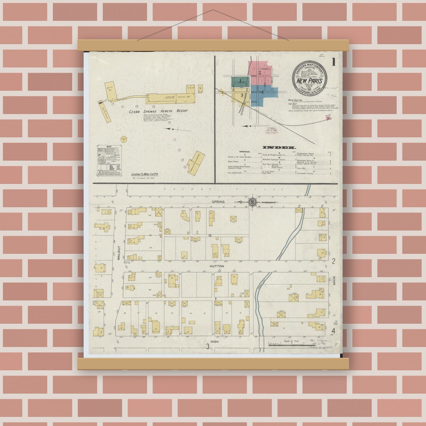 Old map wall art mockup — magnetic wood frame on brick wall — Sanborn Fire Insurance Map from New Paris, Preble County, Ohio (1911), Sheet #0001