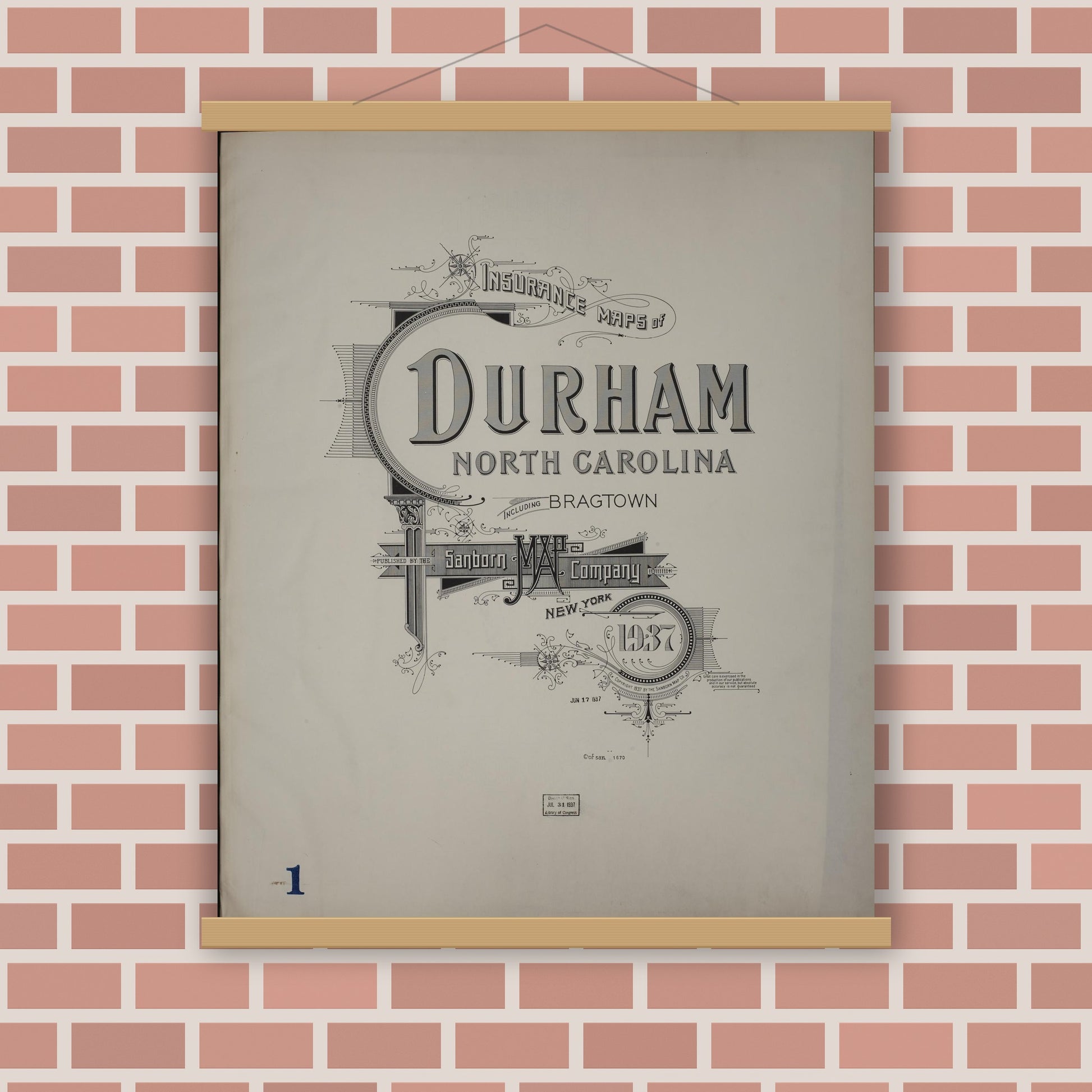 Old map wall art mockup — magnetic wood frame on brick wall — Sanborn Fire Insurance Map from Durham, Durham County, North Carolina (1937), Sheet #0001