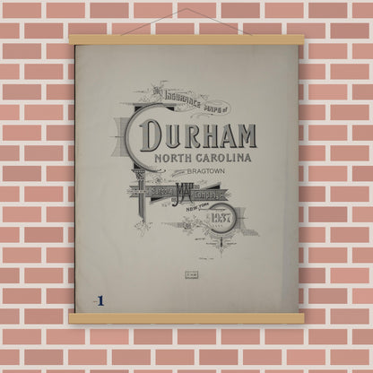 Old map wall art mockup — magnetic wood frame on brick wall — Sanborn Fire Insurance Map from Durham, Durham County, North Carolina (1937), Sheet #0001