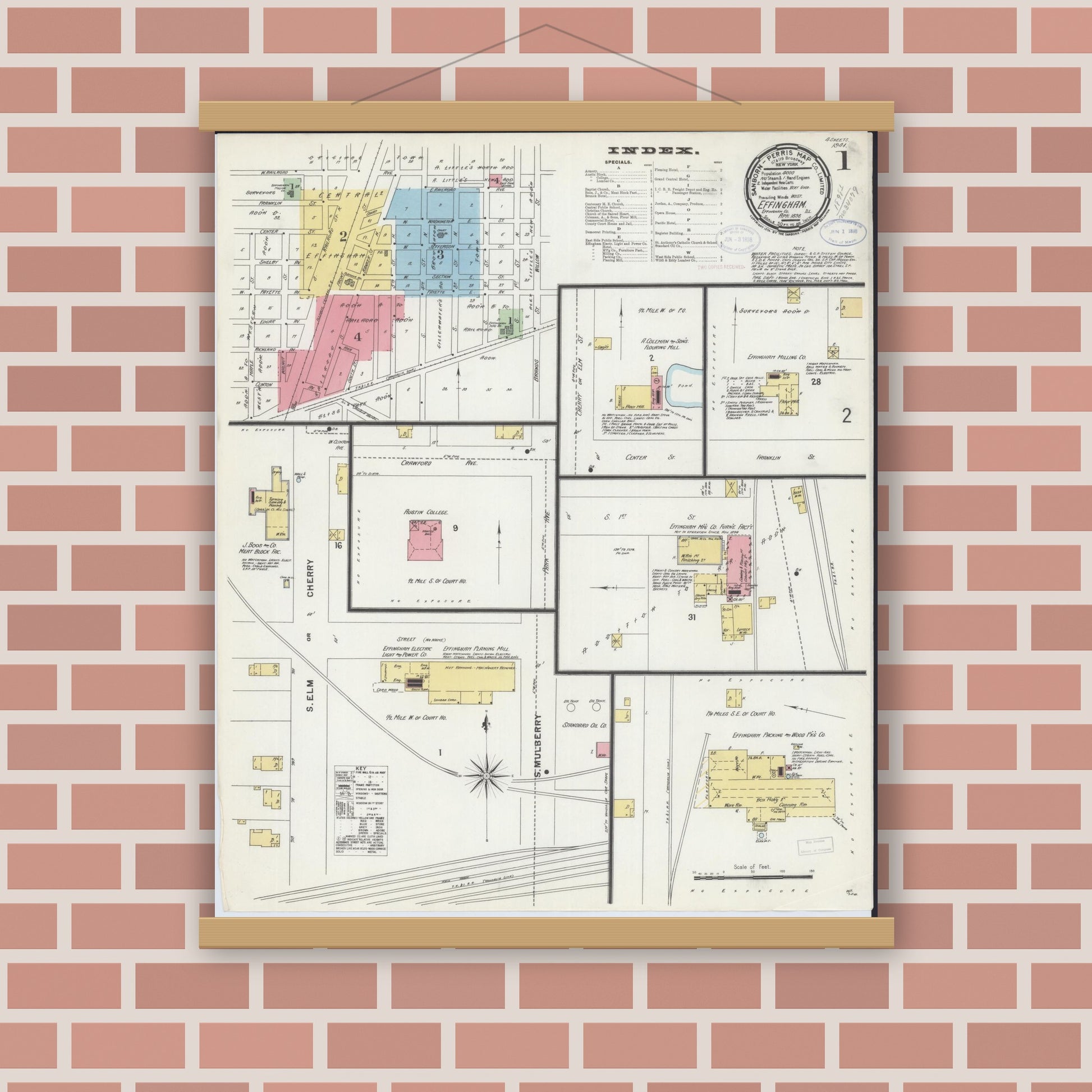 Old map wall art mockup — magnetic wood frame on brick wall — Sanborn Fire Insurance Map from Effingham, Effingham County, Illinois (1898), Sheet #0001