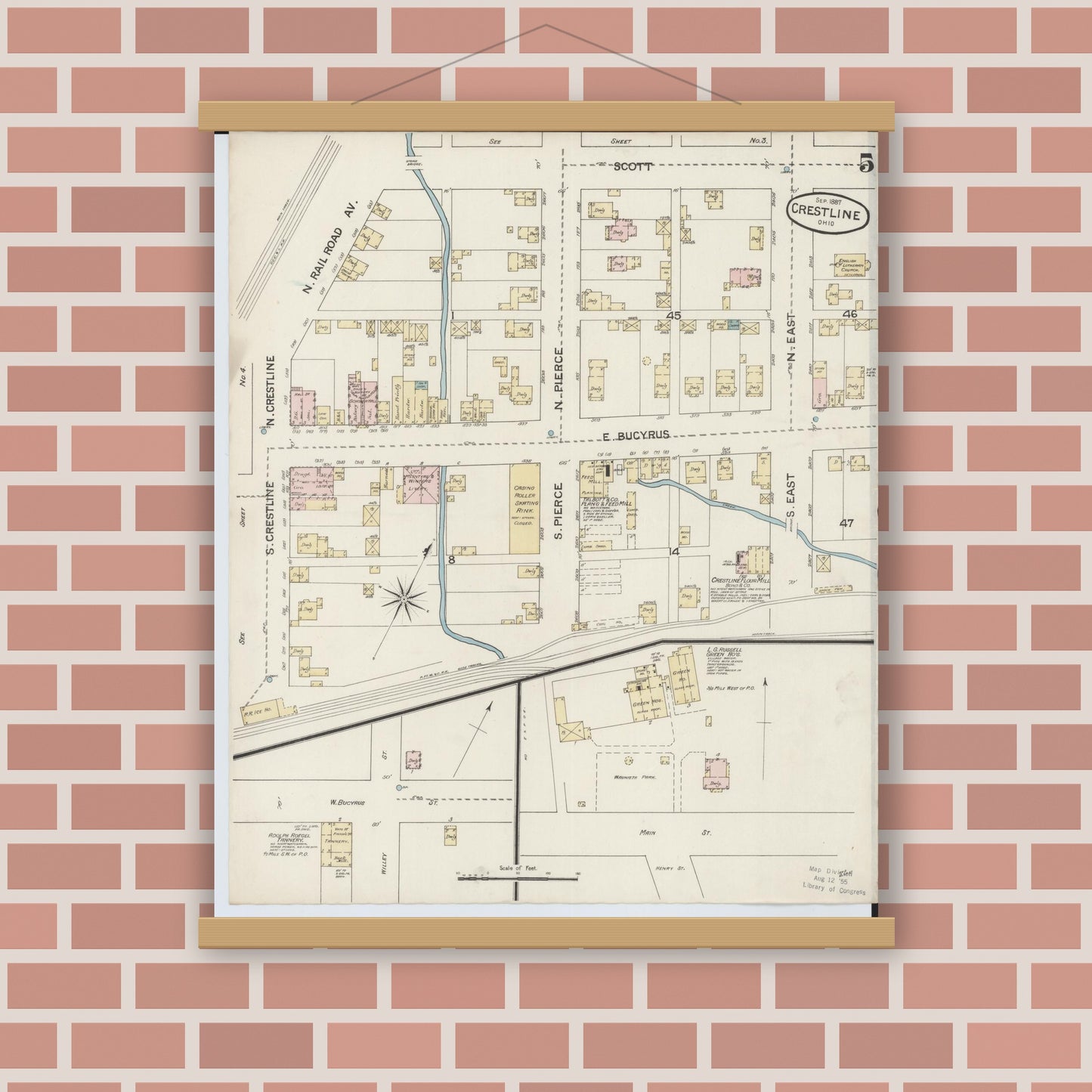 Old map wall art mockup — magnetic wood frame on brick wall — Sanborn Fire Insurance Map from Crestline, Crawford County, Ohio (1887), Sheet #0005