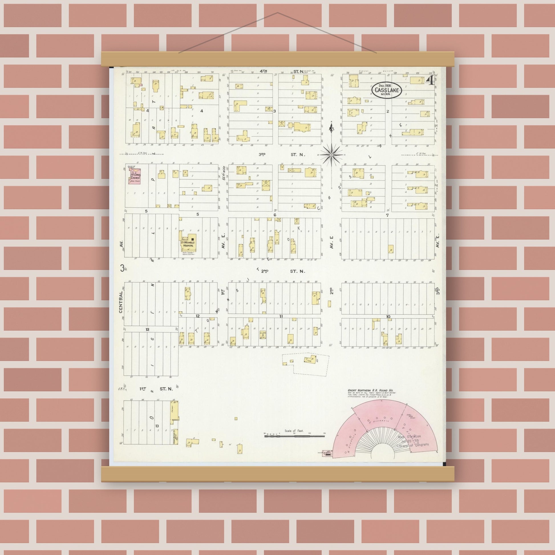 Old map wall art mockup — magnetic wood frame on brick wall — Sanborn Fire Insurance Map from Cass Lake, Cass County, Minnesota (1908), Sheet #0004