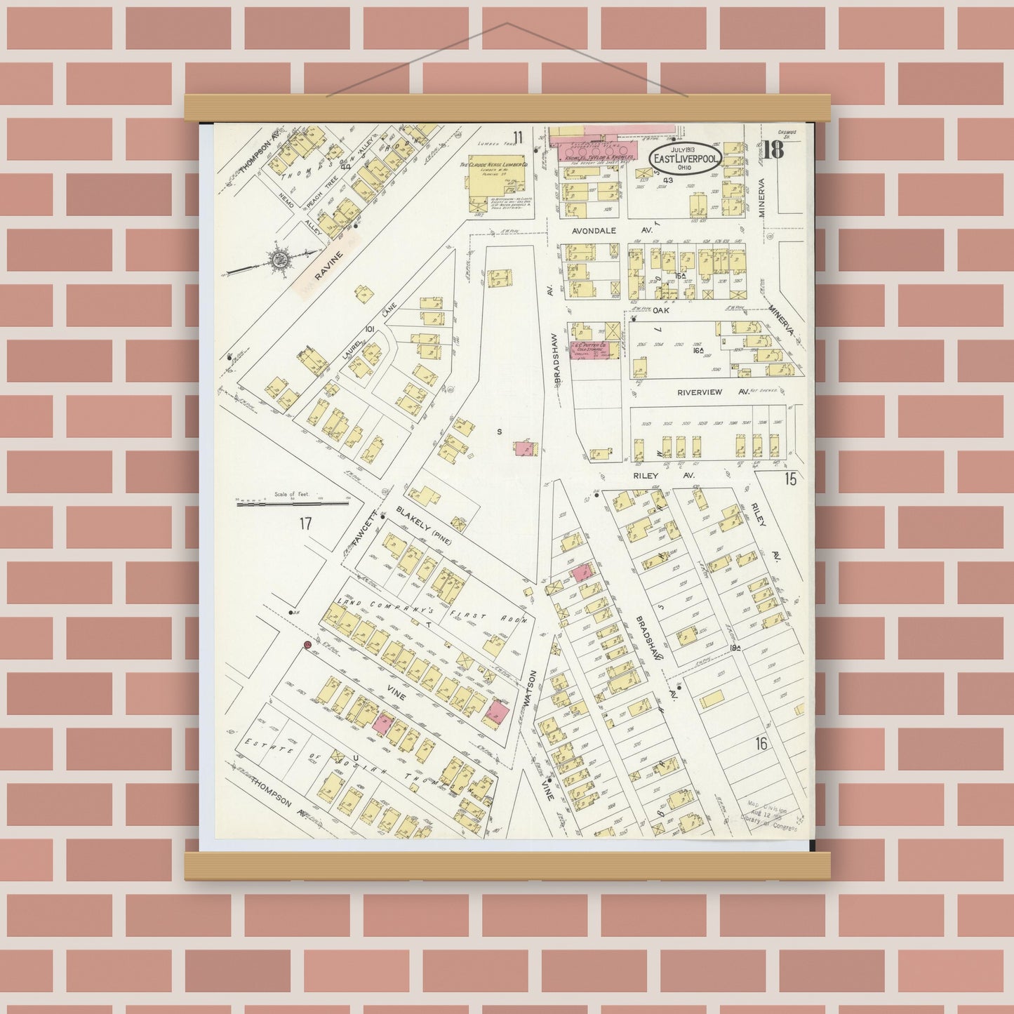 Old map wall art mockup — magnetic wood frame on brick wall — Sanborn Fire Insurance Map from East Liverpool, Columbiana County, Ohio (1913), Sheet #0018