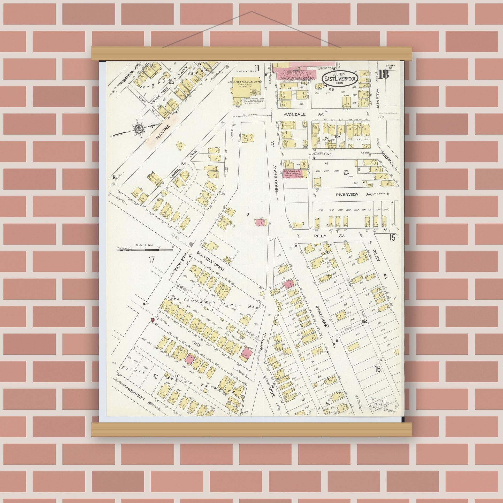 Old map wall art mockup — magnetic wood frame on brick wall — Sanborn Fire Insurance Map from East Liverpool, Columbiana County, Ohio (1913), Sheet #0018