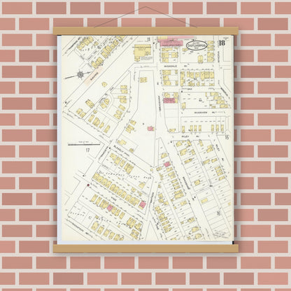 Old map wall art mockup — magnetic wood frame on brick wall — Sanborn Fire Insurance Map from East Liverpool, Columbiana County, Ohio (1913), Sheet #0018