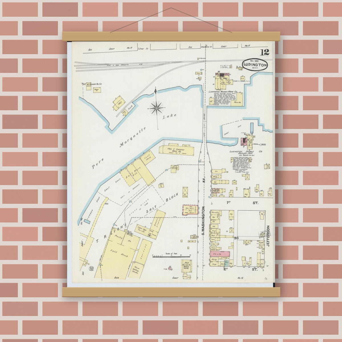 Old map wall art mockup — magnetic wood frame on brick wall — Sanborn Fire Insurance Map from Ludington, Mason County, Michigan (1890), Sheet #0012