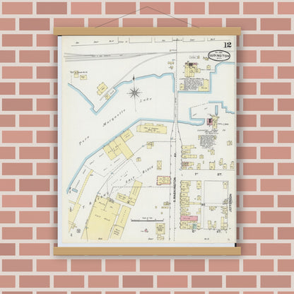 Old map wall art mockup — magnetic wood frame on brick wall — Sanborn Fire Insurance Map from Ludington, Mason County, Michigan (1890), Sheet #0012