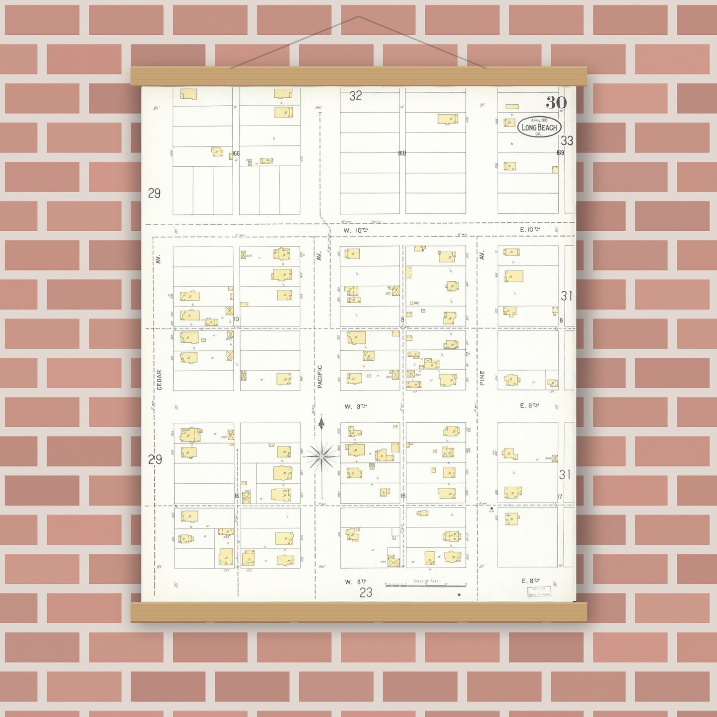 Old map wall art mockup — magnetic wood frame on brick wall — Sanborn Fire Insurance Map from Long Beach, Los Angeles County, California (1905), Sheet #0030
