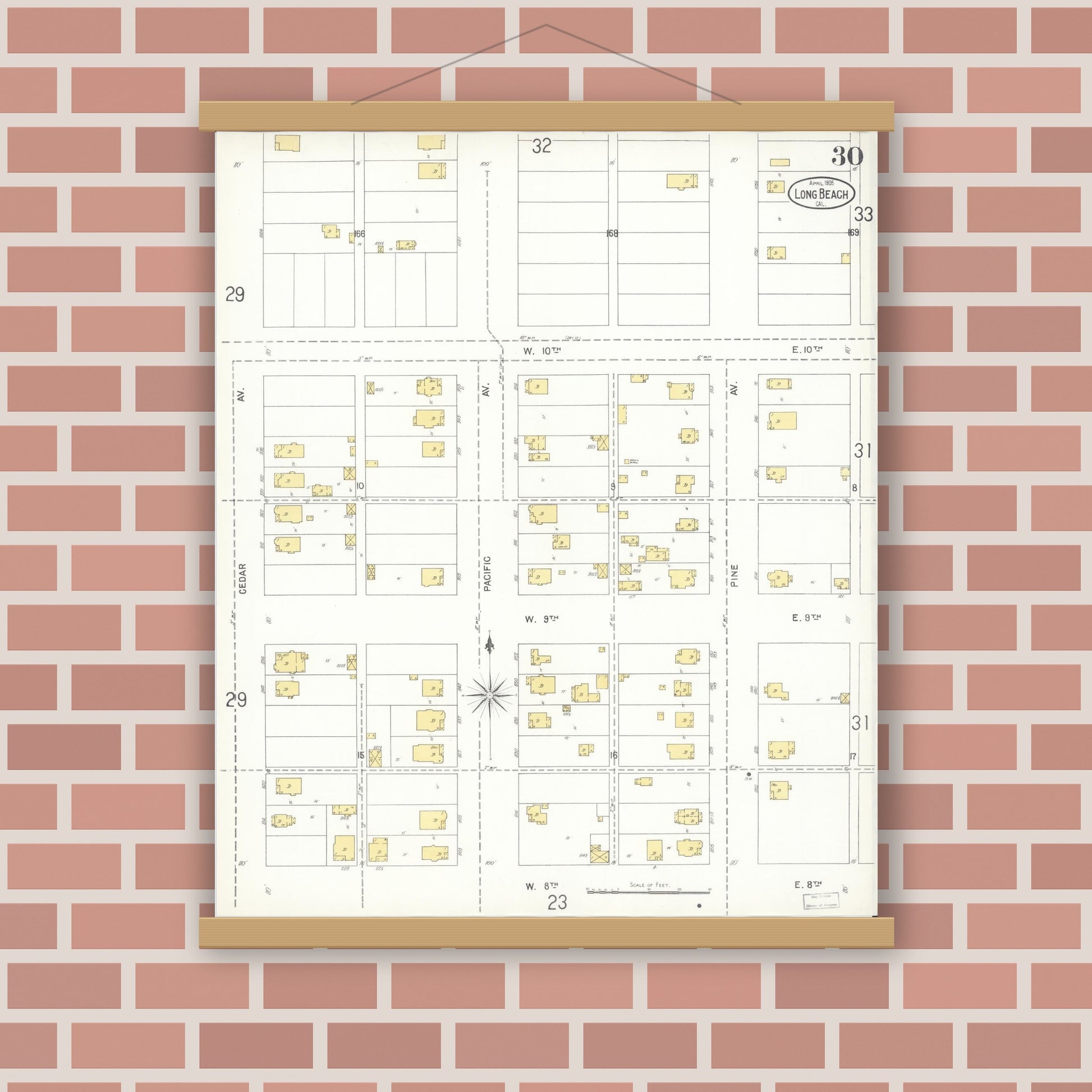 Old map wall art mockup — magnetic wood frame on brick wall — Sanborn Fire Insurance Map from Long Beach, Los Angeles County, California (1905), Sheet #0030