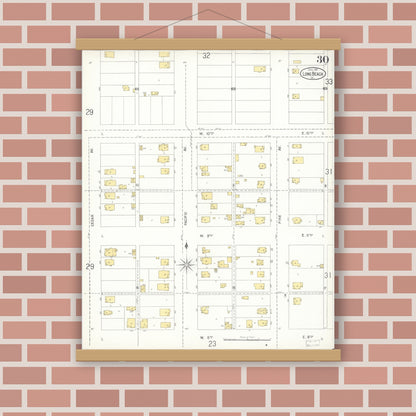 Old map wall art mockup — magnetic wood frame on brick wall — Sanborn Fire Insurance Map from Long Beach, Los Angeles County, California (1905), Sheet #0030