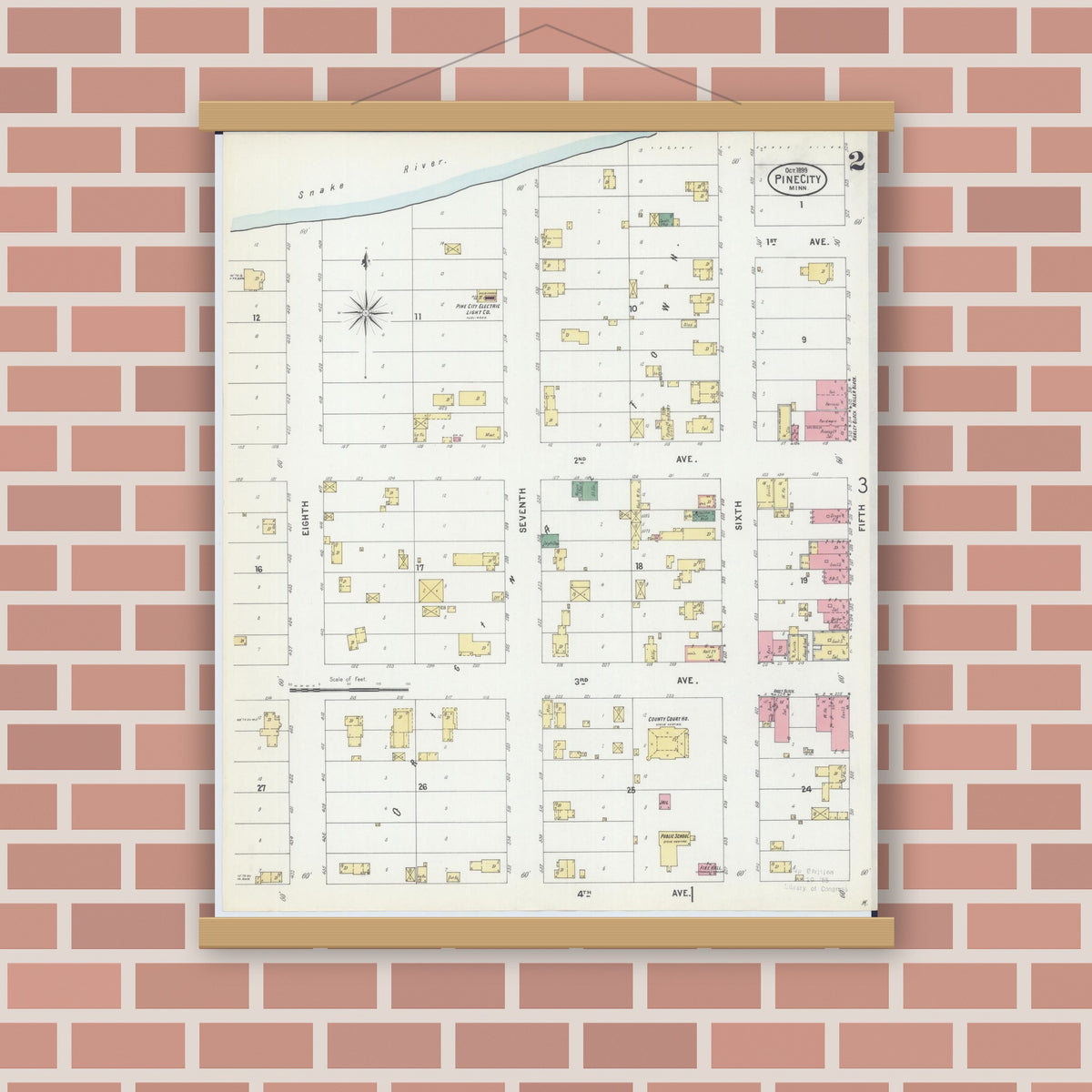 Old map wall art mockup — magnetic wood frame on brick wall — Sanborn Fire Insurance Map from Pine City, Pine County, Minnesota (1899), Sheet #0002