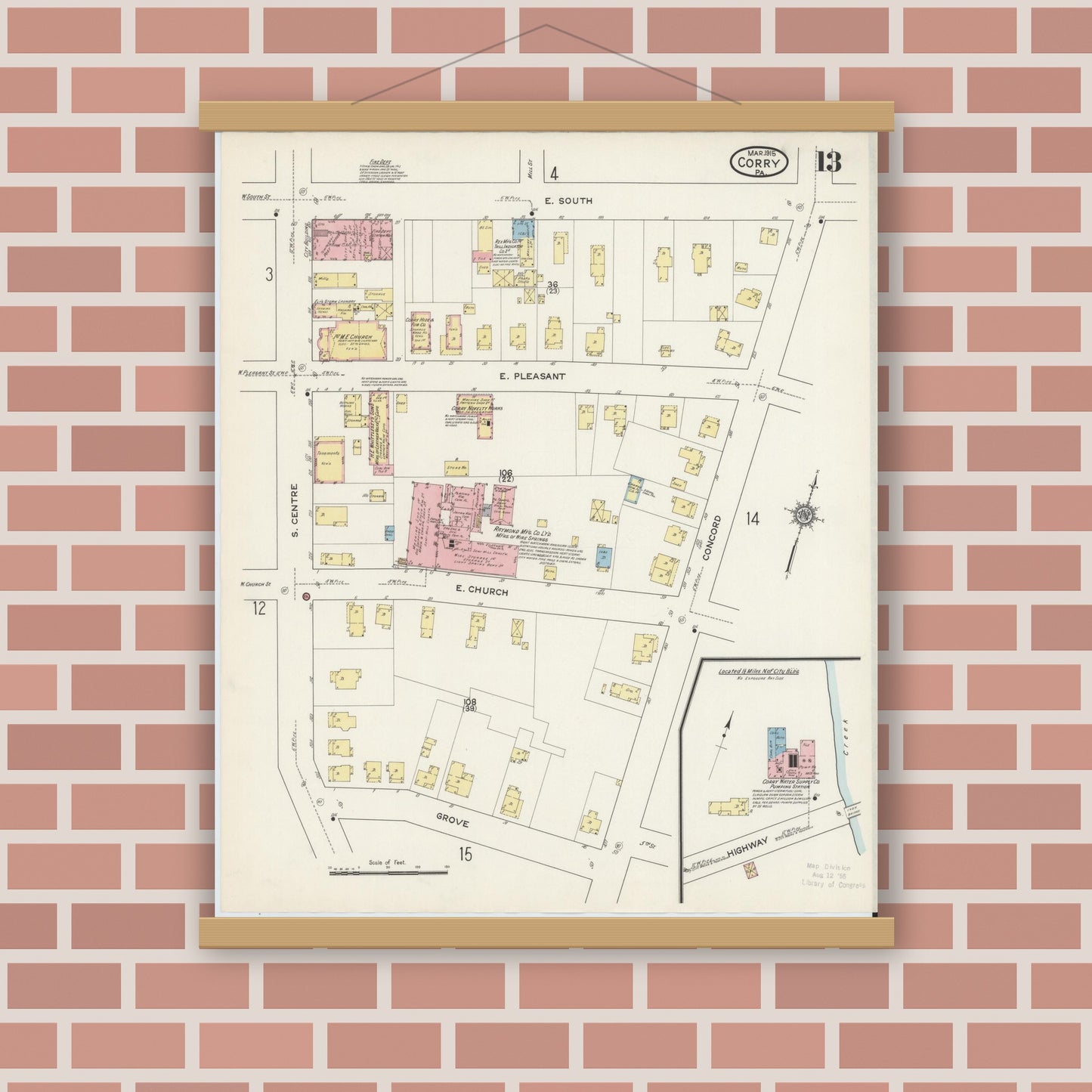 Old map wall art mockup — magnetic wood frame on brick wall — Sanborn Fire Insurance Map from Corry, Erie County, Pennsylvania (1915), Sheet #0013