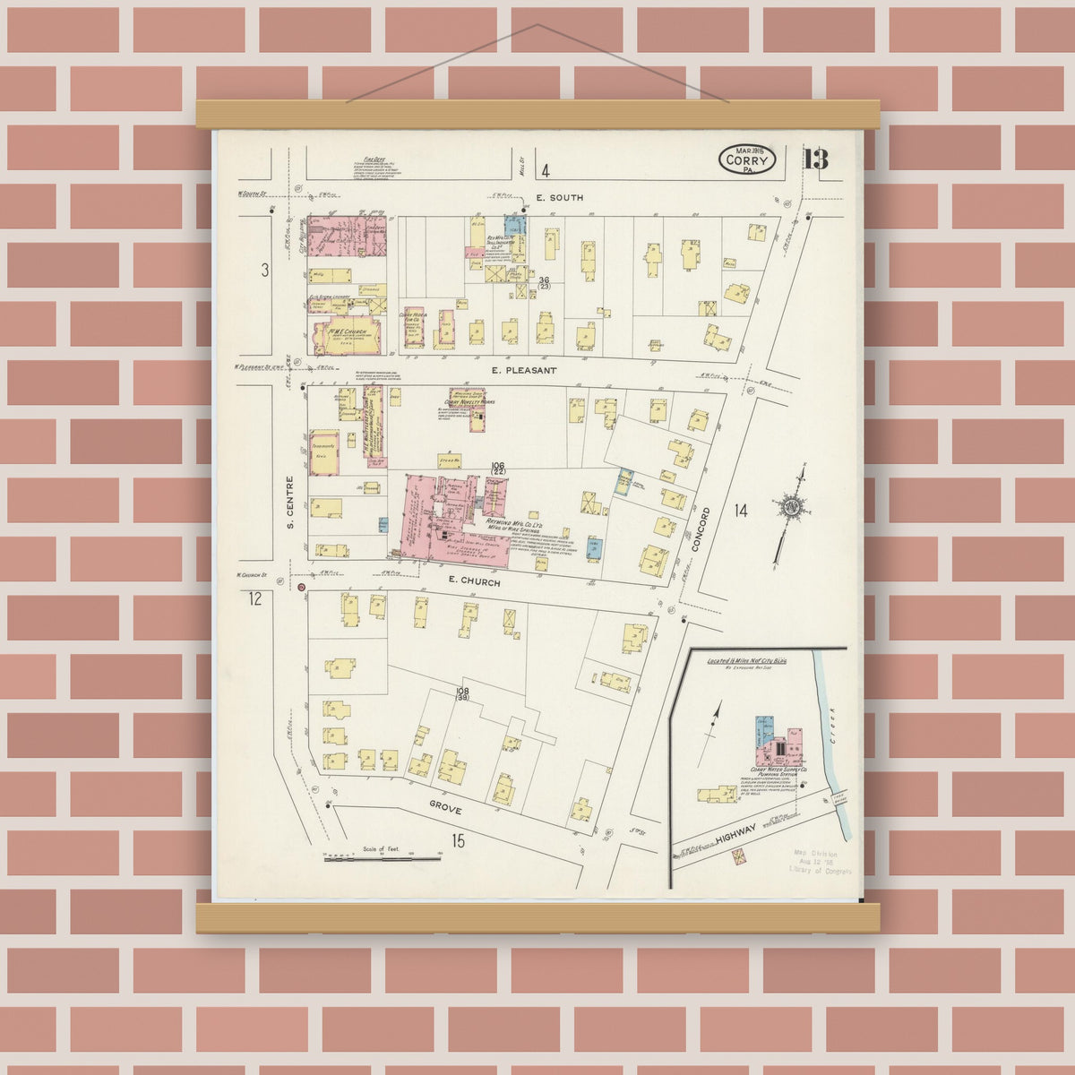 Old map wall art mockup — magnetic wood frame on brick wall — Sanborn Fire Insurance Map from Corry, Erie County, Pennsylvania (1915), Sheet #0013