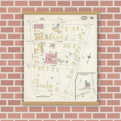 Old map wall art mockup — magnetic wood frame on brick wall — Sanborn Fire Insurance Map from Corry, Erie County, Pennsylvania (1915), Sheet #0013