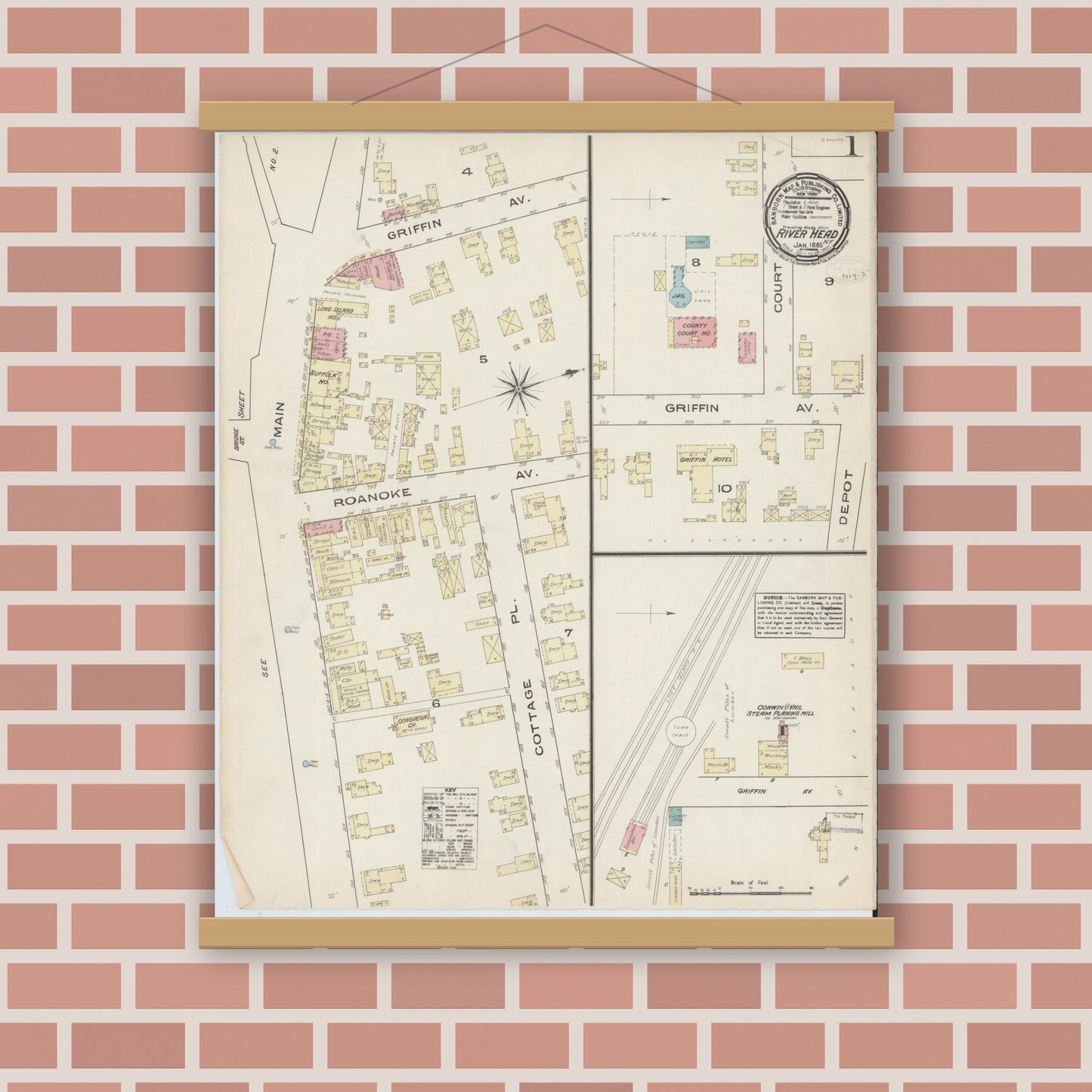 Old map wall art mockup — magnetic wood frame on brick wall — Sanborn Fire Insurance Map from Riverhead, Suffolk County, New York (1885) - Complete Map Set