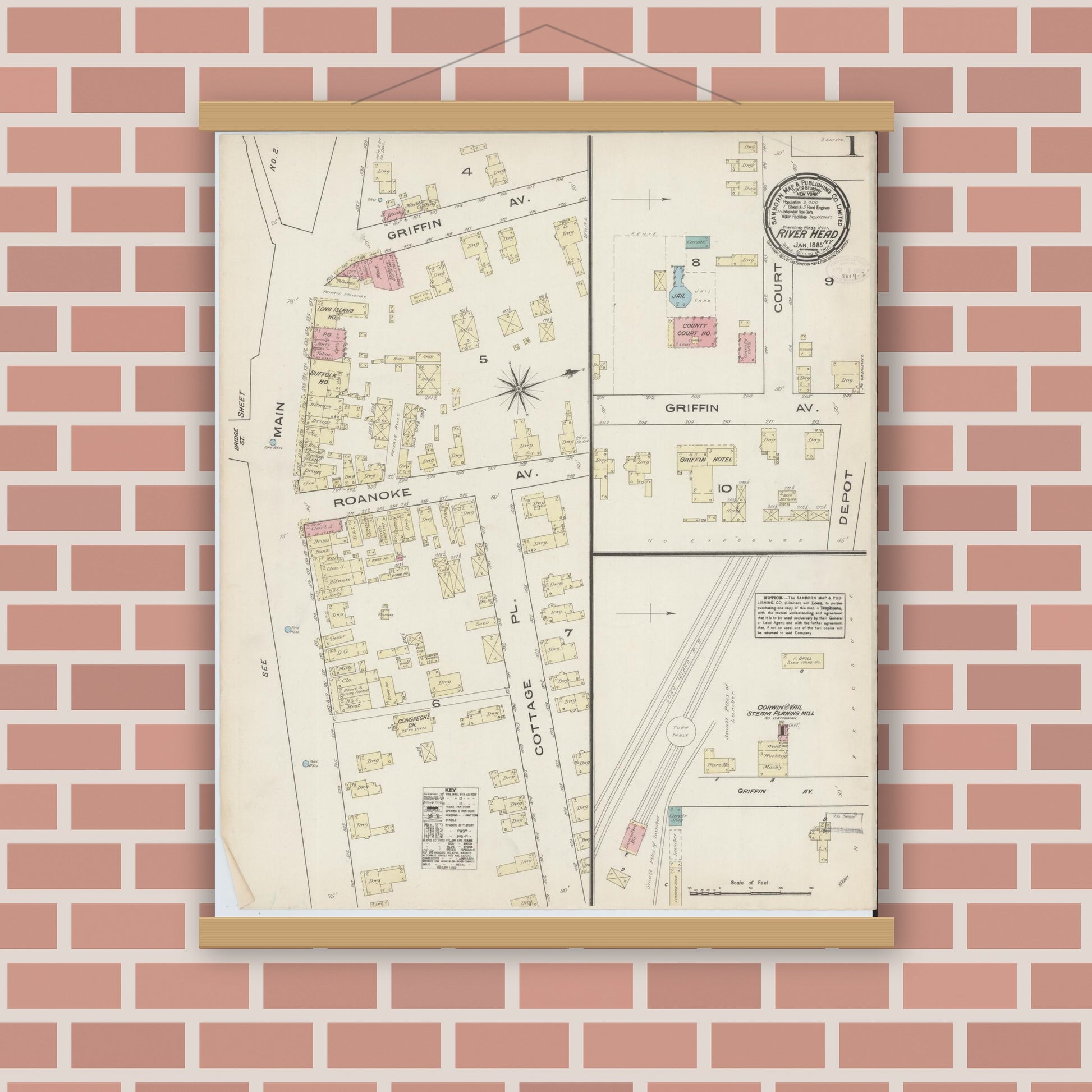 Old map wall art mockup — magnetic wood frame on brick wall — Sanborn Fire Insurance Map from Riverhead, Suffolk County, New York (1885) - Complete Map Set